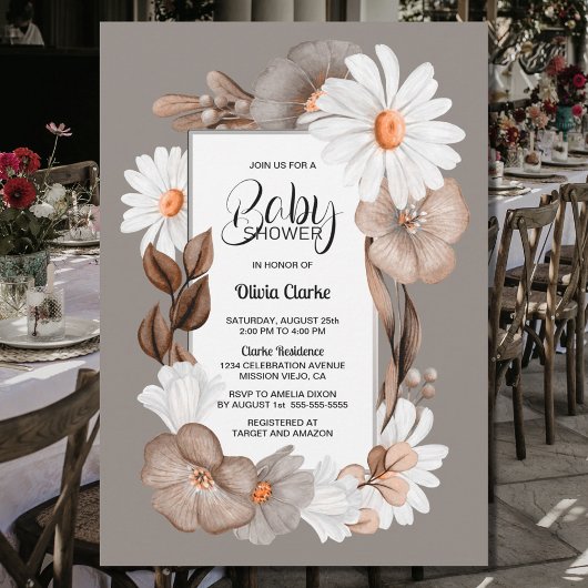 Invitation Baby shower floral de marguerite rustique