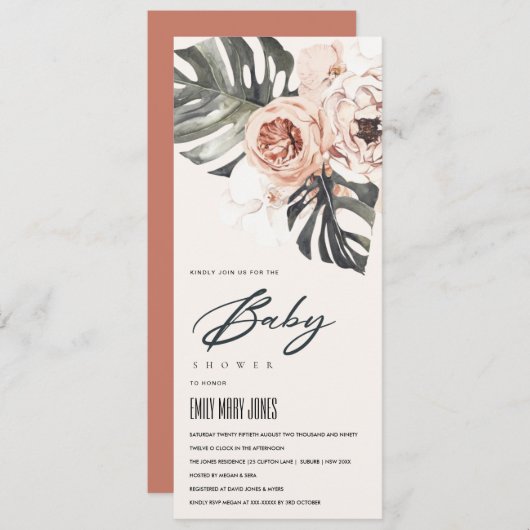 INVITATION BABY SHOWER FLORAL DE MONSTERA BOHO BLUSH RUST (Devant / Derrière)