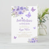 Invitation Baby shower Floral de papillon d'or violet (Debout devant)