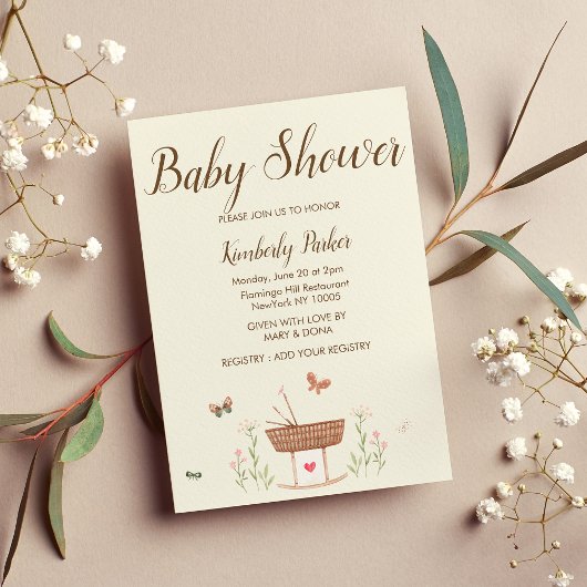 Invitation Baby shower floral de papillon rose