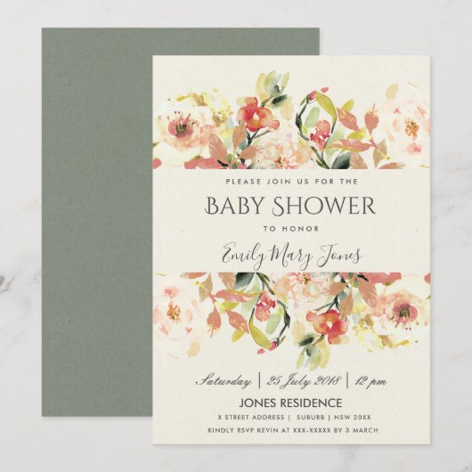 INVITATION BABY SHOWER FLORAL DE PEACH PEACH ROSE D'EAU (Devant / Derrière)