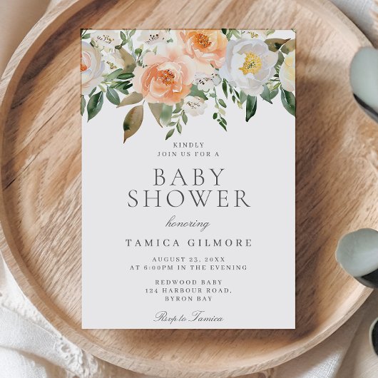 Invitation Baby shower floral de pêches et de crème