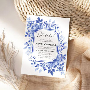 Invitation Baby shower Floral de porcelaine bleue