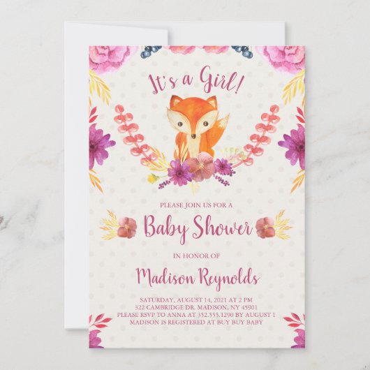 Invitation Baby shower Floral de printemps et Fox (Devant)