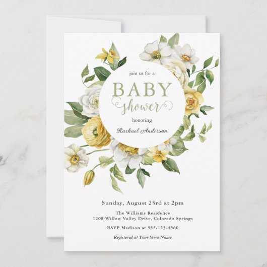 Invitation Baby shower floral de printemps jaune et blanc (Devant)