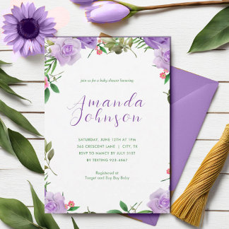 Invitation Baby shower floral de printemps pourpre