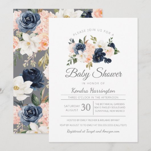 Invitation Baby shower floral de rose de bleu marine de (Devant / Derrière)