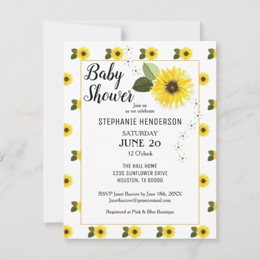 Invitation Baby shower floral de tournesol (Devant)