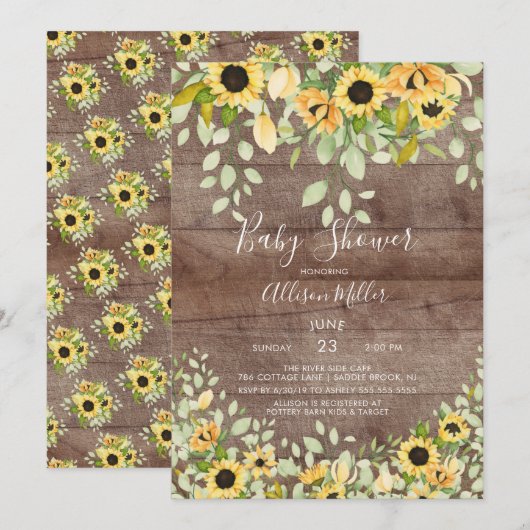 Invitation Baby shower floral de tournesol d'automne rustique (Devant / Derrière)