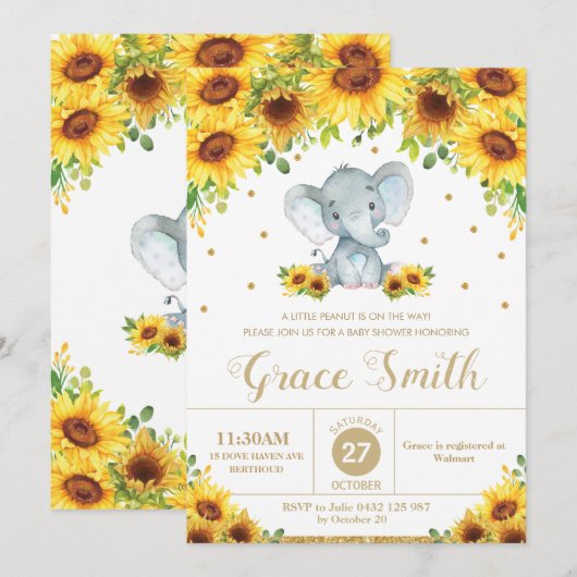 Invitation Baby shower floral de tournesol éléphant garçon (Devant / Derrière)