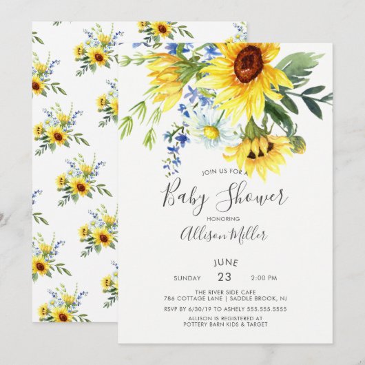 Invitation Baby shower floral de tournesol jaune joyeux (Devant / Derrière)