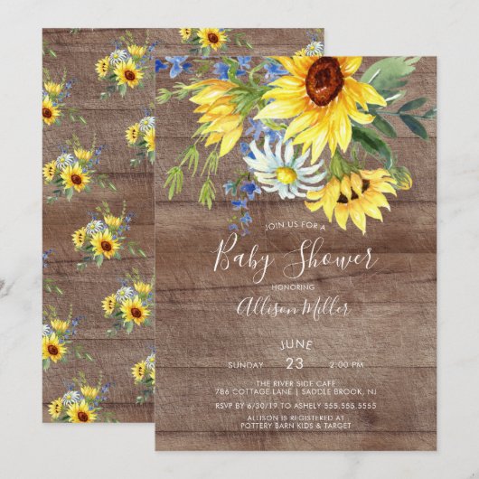 Invitation Baby shower floral de tournesol jaune rustique (Devant / Derrière)