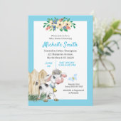 Invitation Baby shower Floral de Vache Cute Bleu et Blanc (Debout devant)