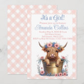 Invitation Baby shower floral de vache Highland (Devant / Derrière)