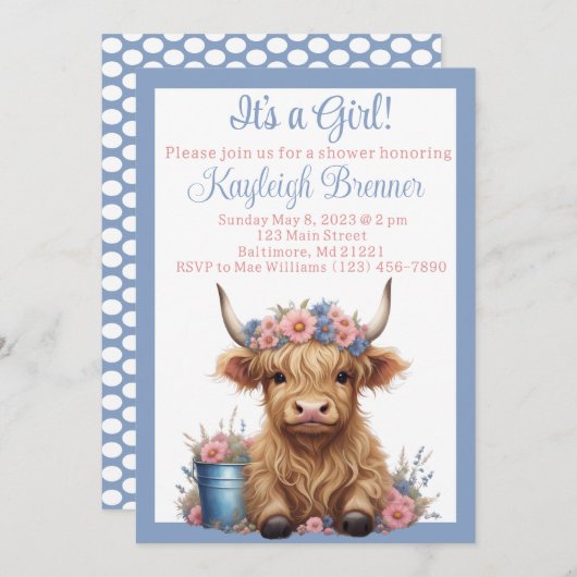 Invitation Baby shower floral de vache Highland (Devant / Derrière)
