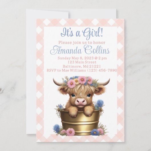 Invitation Baby shower floral de vache Highland (Devant)