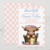 Invitation Baby shower floral de vache Highland (Devant / Derrière)