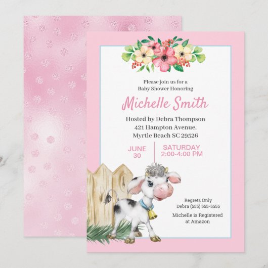Invitation Baby shower floral de vache rose et blanc (Devant / Derrière)