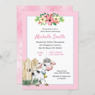 Invitation Baby shower floral de vache rose et blanc