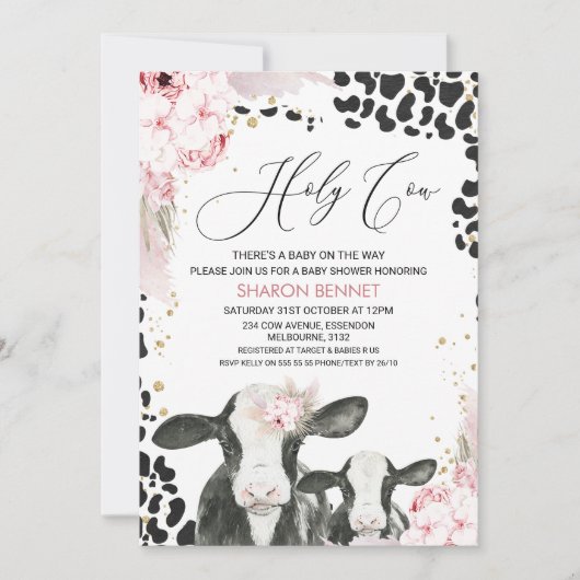 Invitation Baby shower floral de veau blanc noir Boho (Devant)