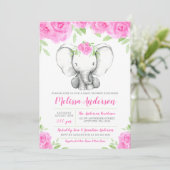 Invitation Baby shower floral d'éléphant d'aquarelle rose (Debout devant)