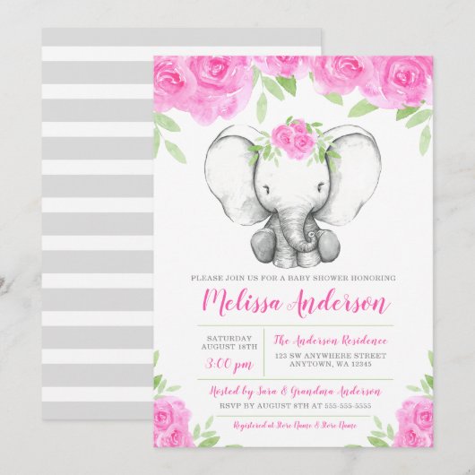 Invitation Baby shower floral d'éléphant d'aquarelle rose (Devant / Derrière)