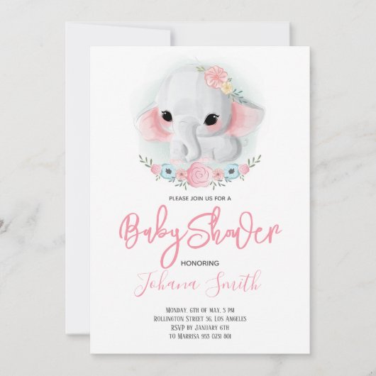 Invitation Baby shower floral d'éléphant fille (Devant)