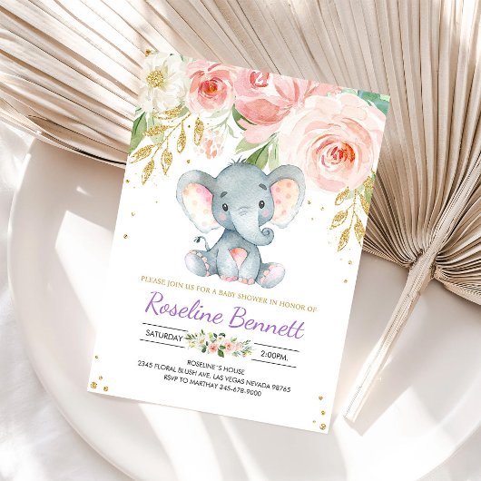Invitation Baby shower floral d'éléphant violet