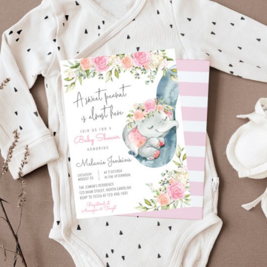 Invitation Baby shower floral des éléphants filles