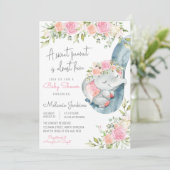 Invitation Baby shower floral des éléphants filles (Debout devant)