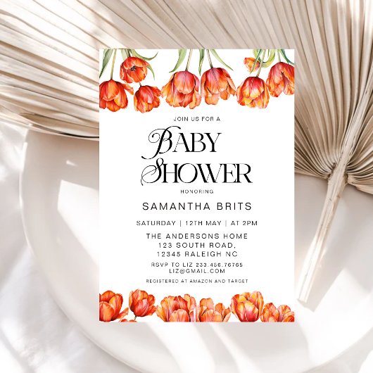 Invitation Baby shower Floral des Tulipes Oranges modernes