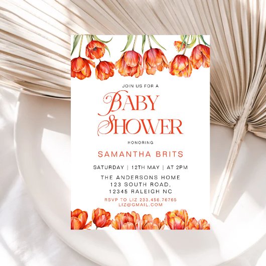 Invitation Baby shower Floral des Tulipes Oranges modernes