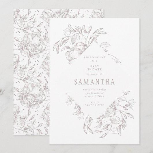 Invitation Baby shower floral diamant romantique (Devant / Derrière)