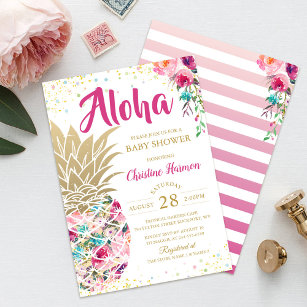 Invitation Baby shower floral d'or rose ananas tropical