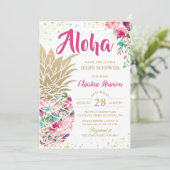 Invitation Baby shower floral d'or rose ananas tropical (Debout devant)
