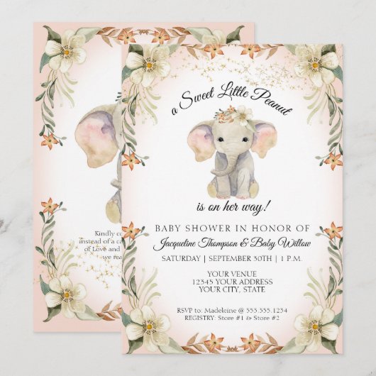 Invitation Baby shower floral doux à l'éléphant de petite ara (Devant / Derrière)