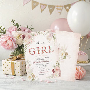 Invitation Baby-Shower floral élégant aquarelle rose
