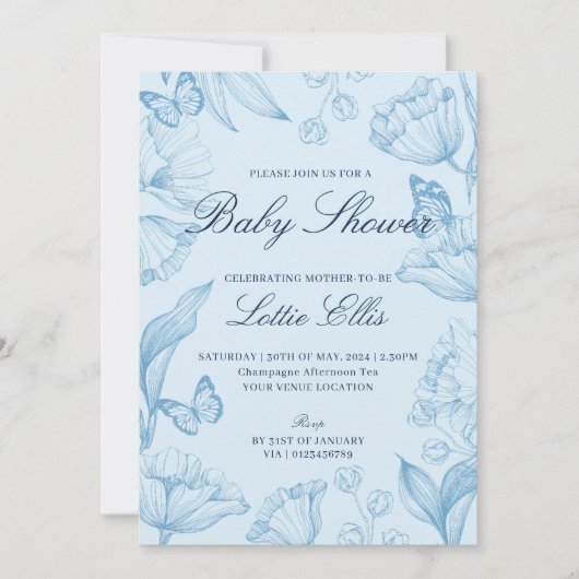 Invitation Baby shower floral élégant moderne Sky Blue Boy (Devant)