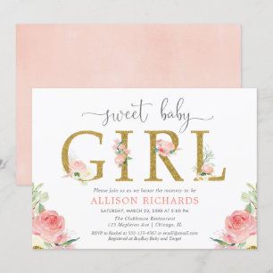 Invitation Baby shower floral, élégante fille d'or rose pâle