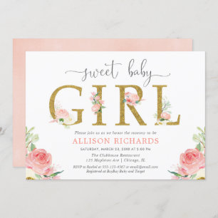 Invitation baby shower floral, élégante fille d'or rose roux