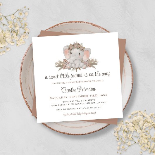 Invitation Baby shower Floral Eléphant Boho mignon
