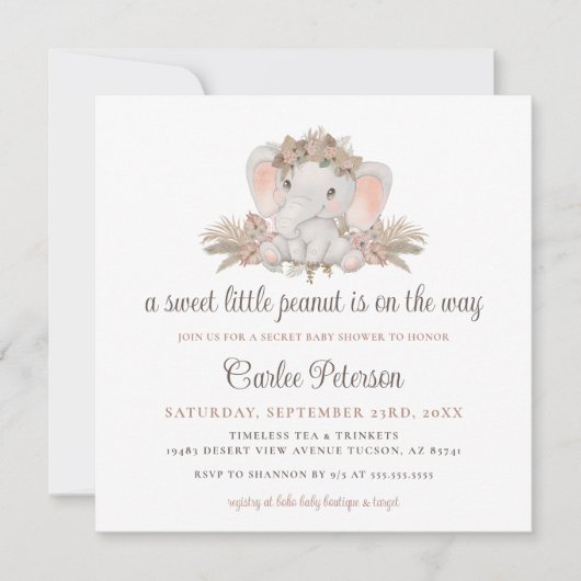 Invitation Baby shower Floral Eléphant Boho mignon (Devant)