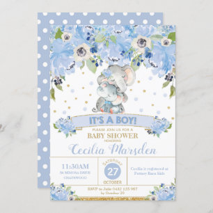 Invitation Baby shower floral éléphant Garçon