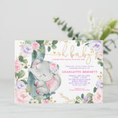 Invitation Baby shower Floral Eléphant Rose Violet Fille (Debout devant)
