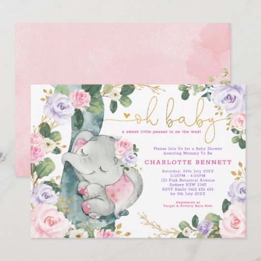 Invitation Baby shower Floral Eléphant Rose Violet Fille (Devant / Derrière)