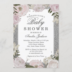 Invitation Baby shower floral en argent rose étincelant