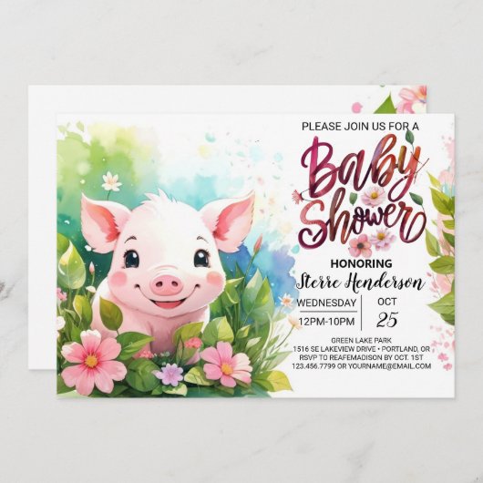Invitation Baby shower floral enchanté de Piglet Bash (Devant / Derrière)