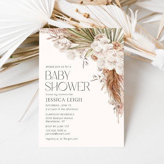 Invitation Baby shower floral et plumes de Bohême