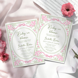Invitation Baby Shower Floral Fantaisiste Rose et Vert