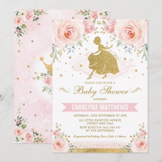 Invitation Baby shower Floral féminin de Cinderella Princess  (Devant / Derrière)